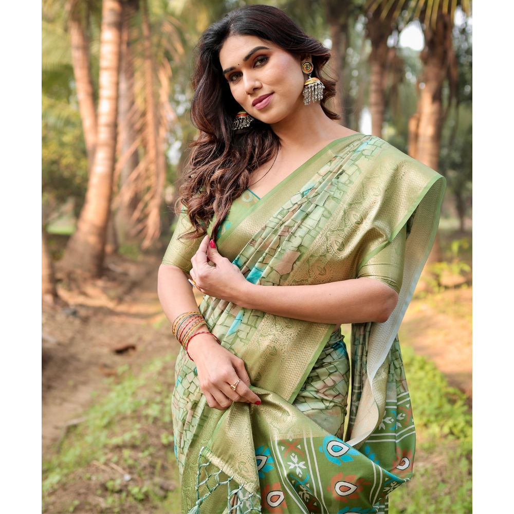 Women's Premium Floral Print Tussar Silk Saree with Attached BP (Pack of 1)