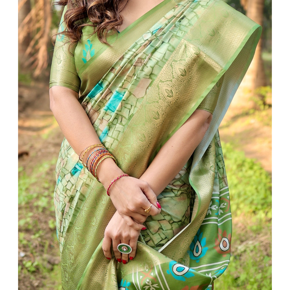 Women's Premium Floral Print Tussar Silk Saree with Attached BP (Pack of 1)