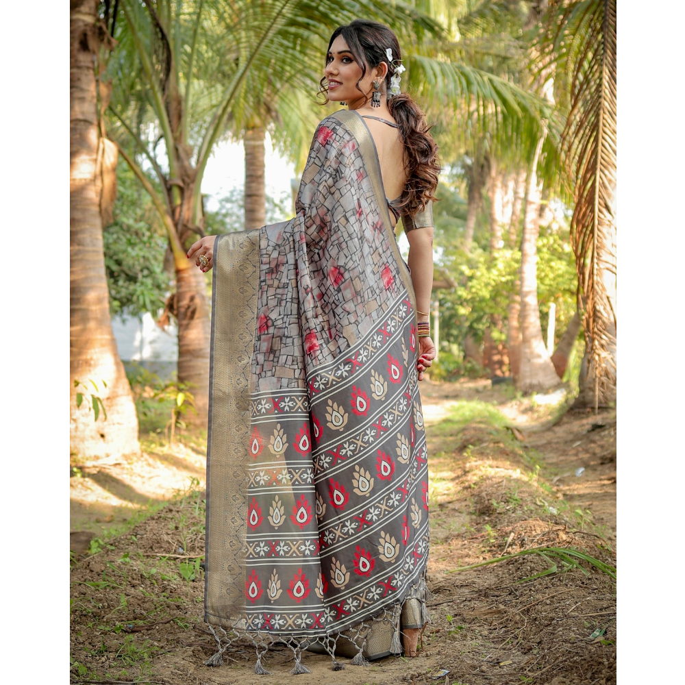 Women's Premium Floral Print Tussar Silk Saree with Attached BP (Pack of 1)