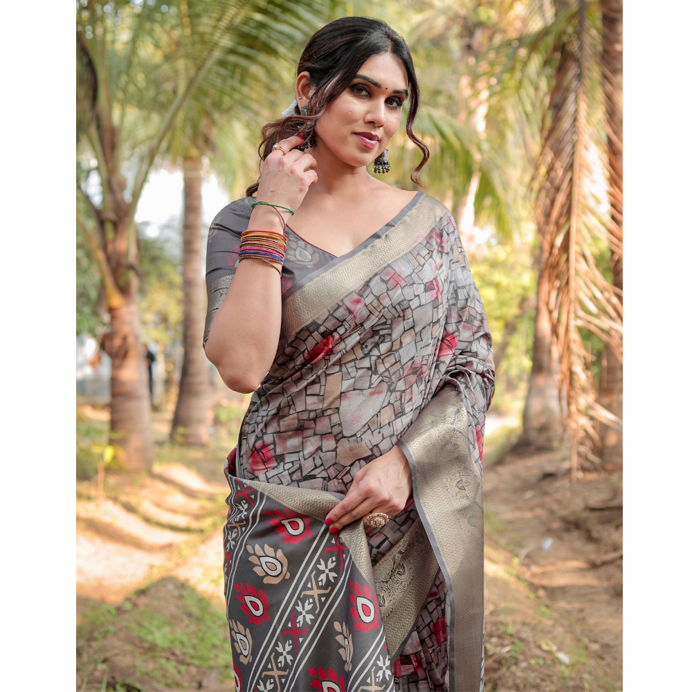 Women's Premium Floral Print Tussar Silk Saree with Attached BP (Pack of 1)