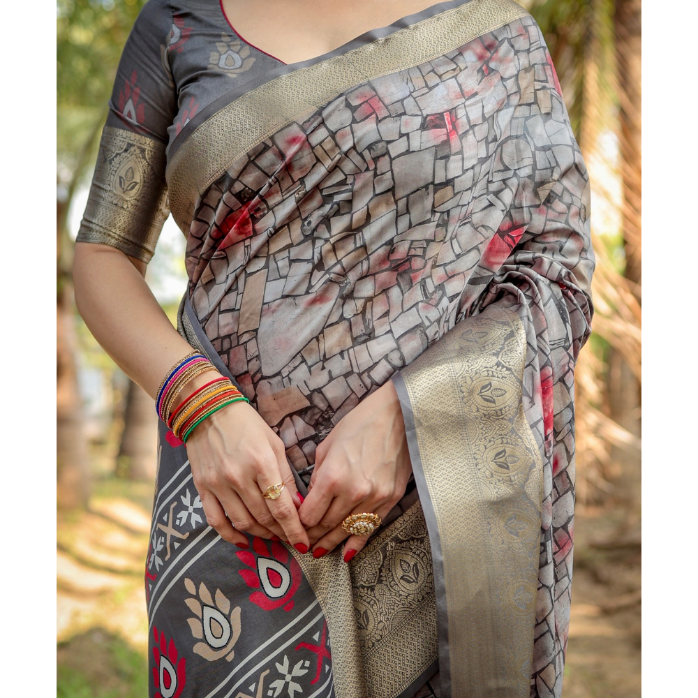 Women's Premium Floral Print Tussar Silk Saree with Attached BP (Pack of 1)