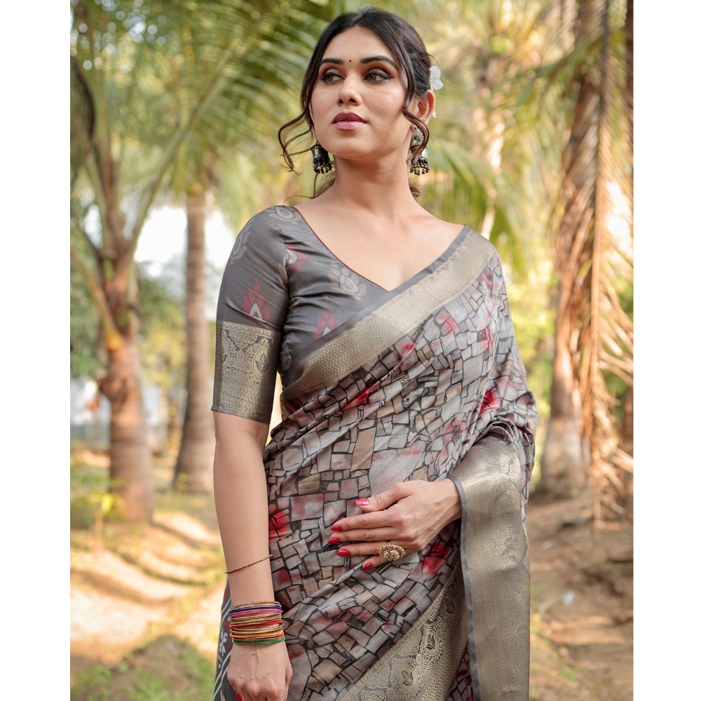 Women's Premium Floral Print Tussar Silk Saree with Attached BP (Pack of 1)