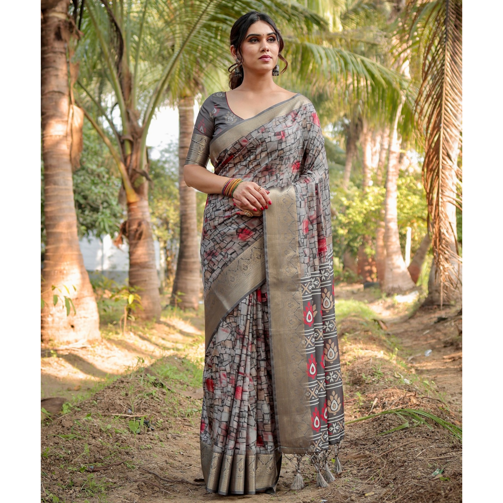 Women's Premium Floral Print Tussar Silk Saree with Attached BP (Pack of 1)