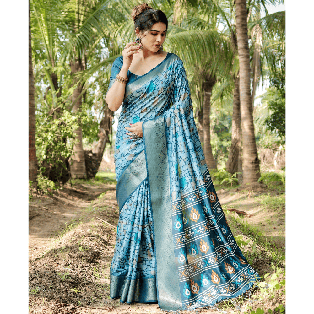 Women's Premium Floral Print Tussar Silk Saree with Attached BP (Pack of 1)