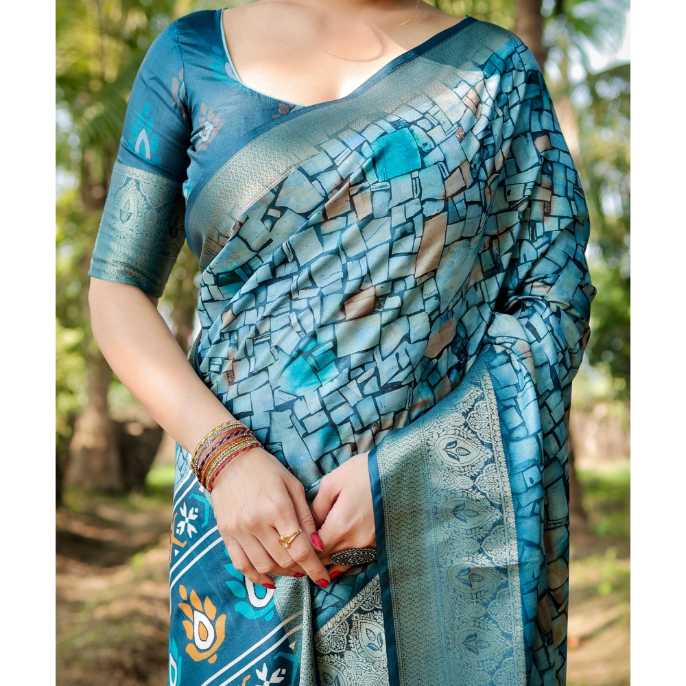 Women's Premium Floral Print Tussar Silk Saree with Attached BP (Pack of 1)