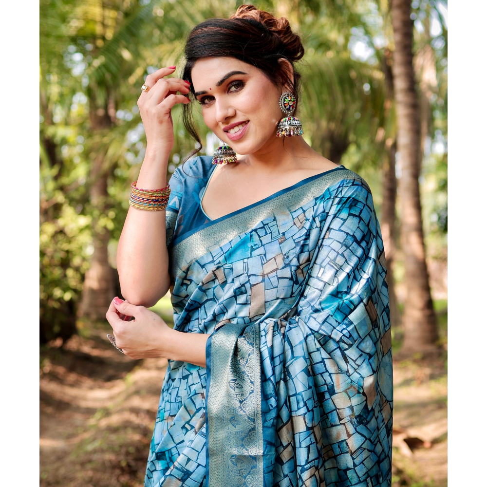 Women's Premium Floral Print Tussar Silk Saree with Attached BP (Pack of 1)