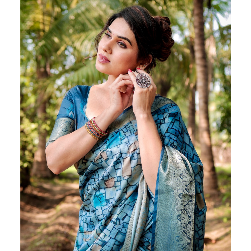 Women's Premium Floral Print Tussar Silk Saree with Attached BP (Pack of 1)