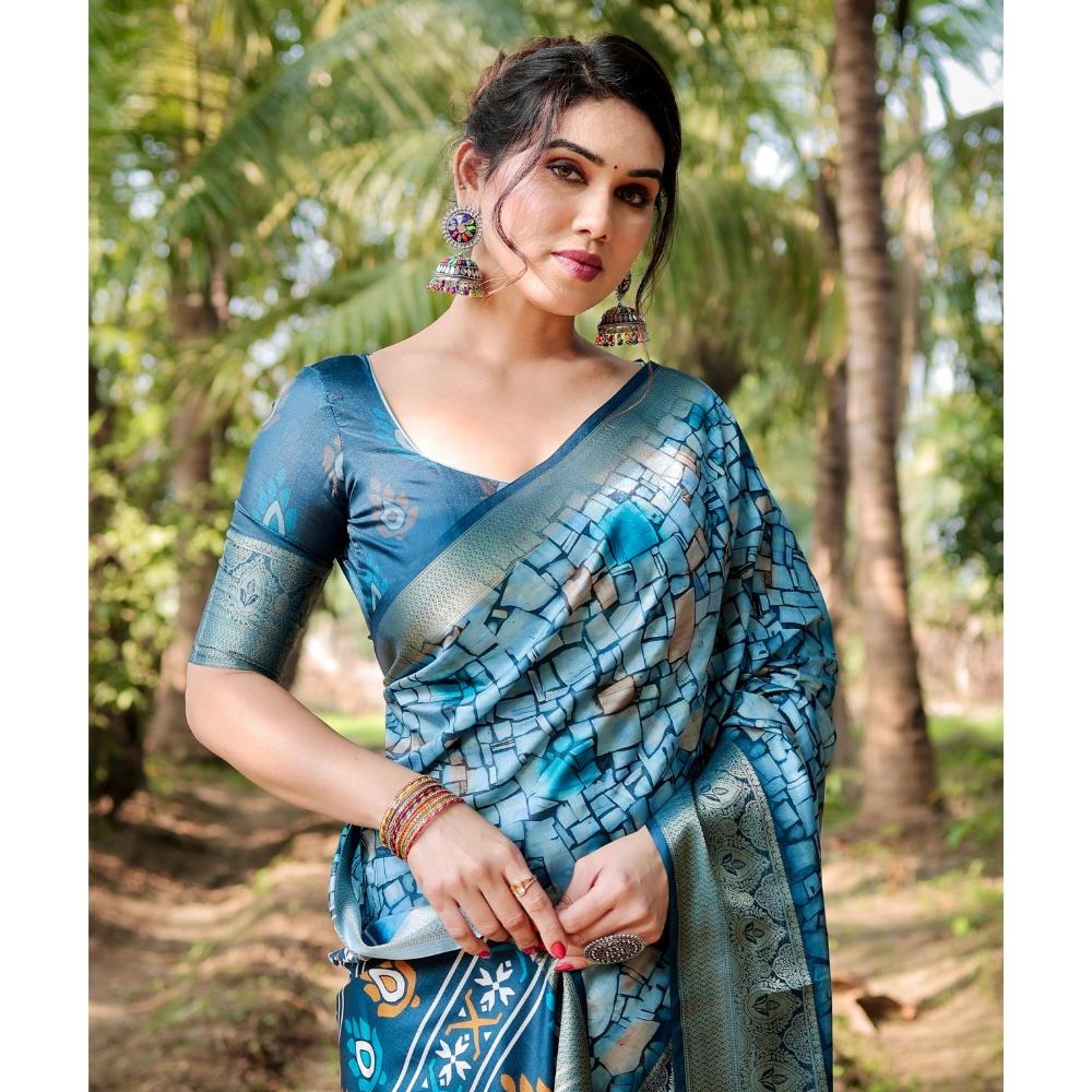 Women's Premium Floral Print Tussar Silk Saree with Attached BP (Pack of 1)