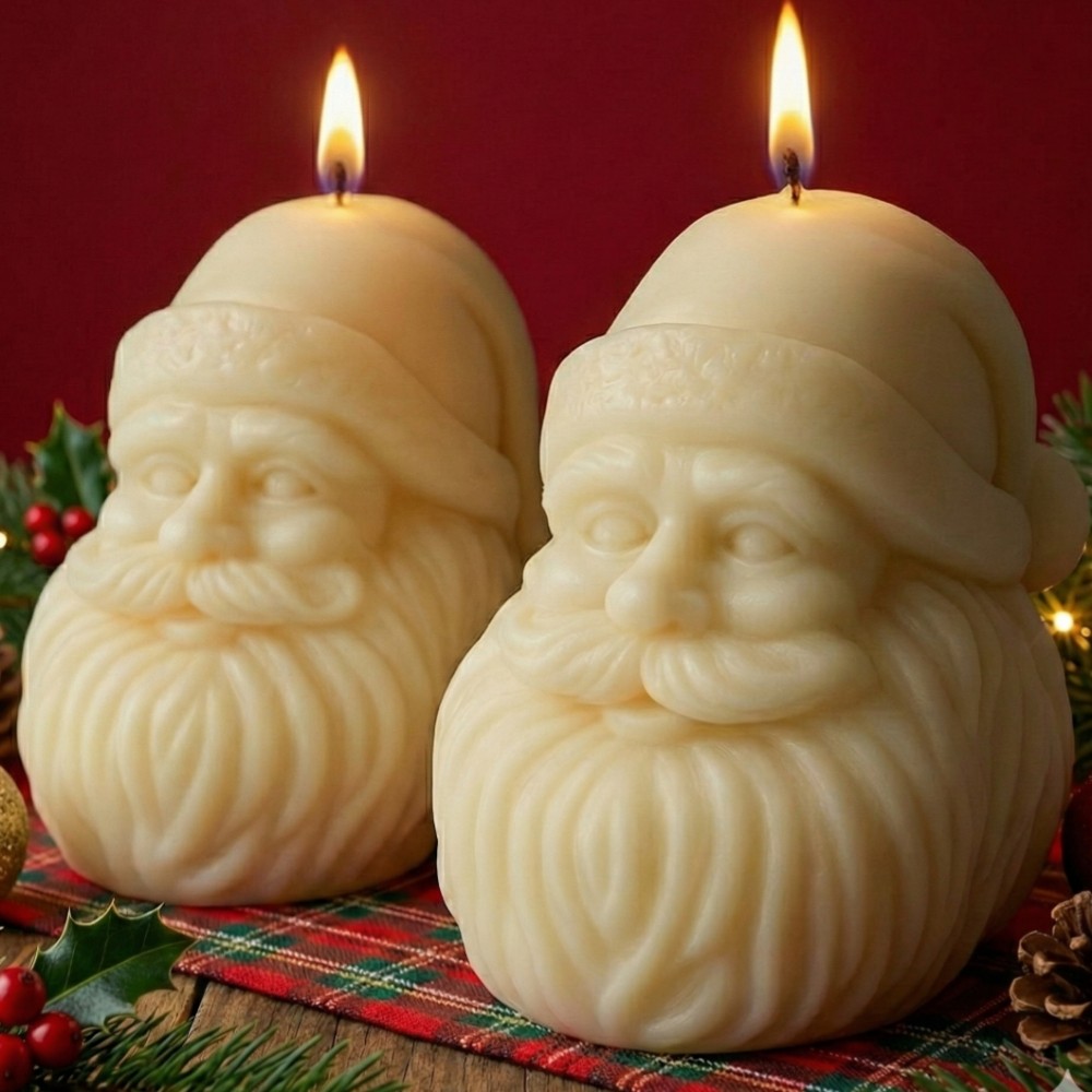 Festive Santa Face Candles, Set of 2 - Cream Wax Holiday Decor