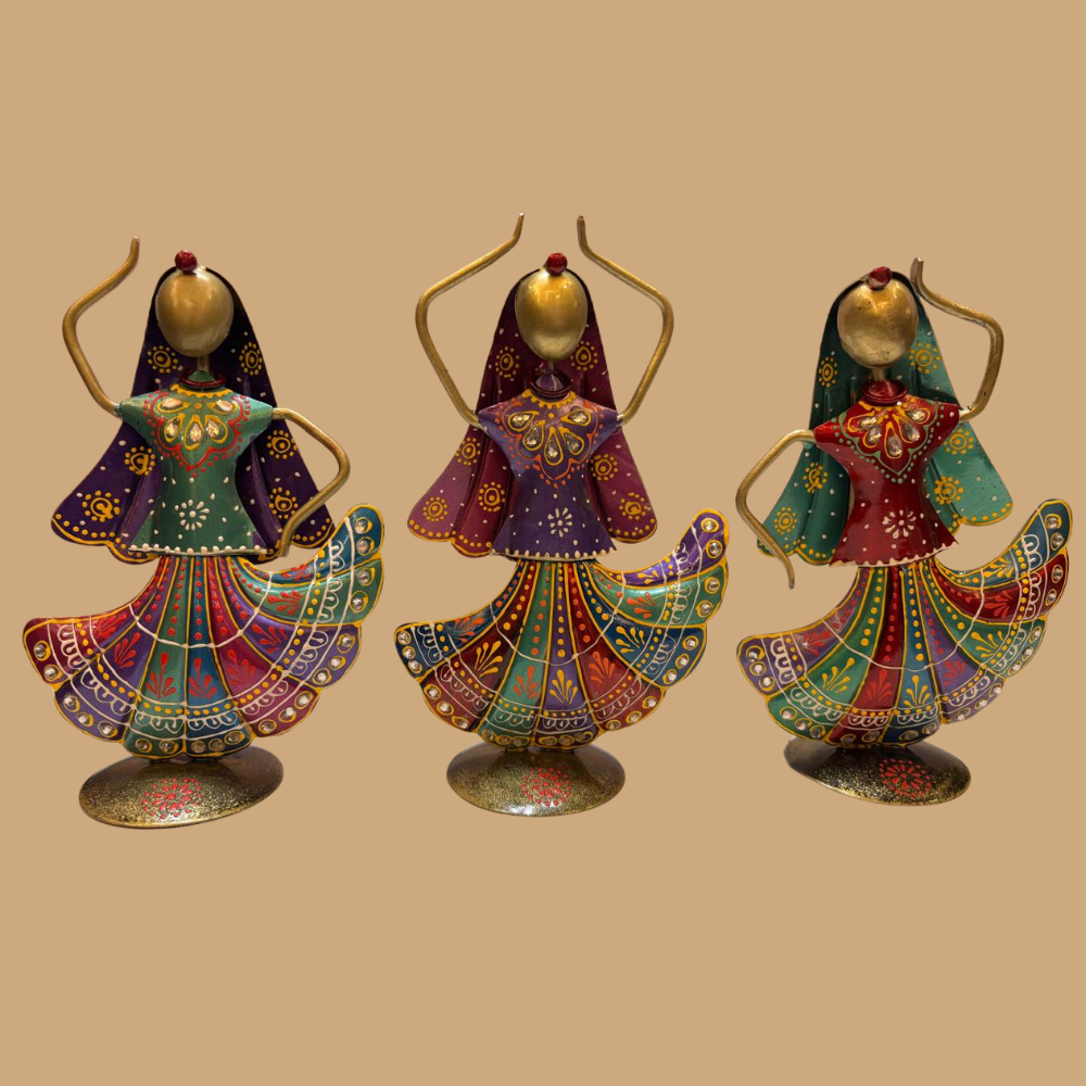 Handcrafted Rajasthani Tribal Dancing Metal Figurines – Set of 3 (Pack of 1)