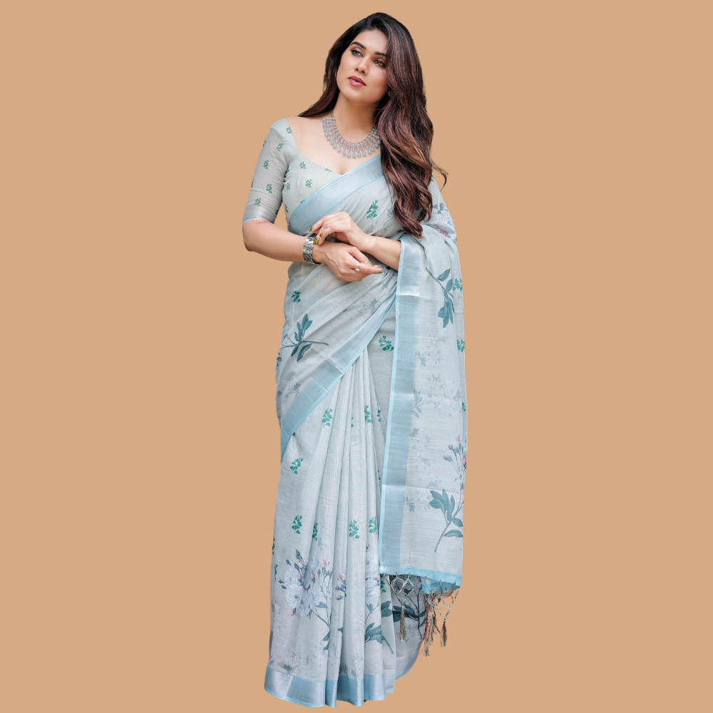 Handloom Linen Floral Printed Saree with Tasssl on Edge & Attached Blouse Pieces (Pack of 1)