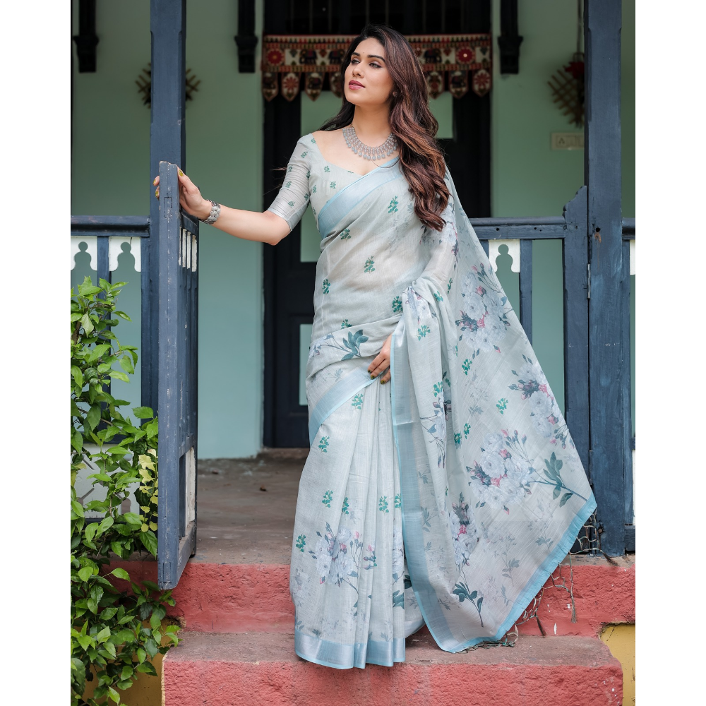 Handloom Linen Floral Printed Saree with Tasssl on Edge & Attached Blouse Pieces (Pack of 1)