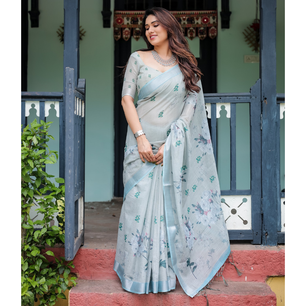 Handloom Linen Floral Printed Saree with Tasssl on Edge & Attached Blouse Pieces (Pack of 1)