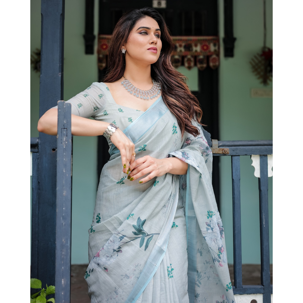 Handloom Linen Floral Printed Saree with Tasssl on Edge & Attached Blouse Pieces (Pack of 1)