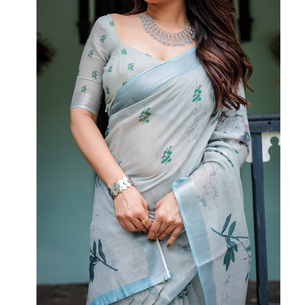 Handloom Linen Floral Printed Saree with Tasssl on Edge & Attached Blouse Pieces (Pack of 1)