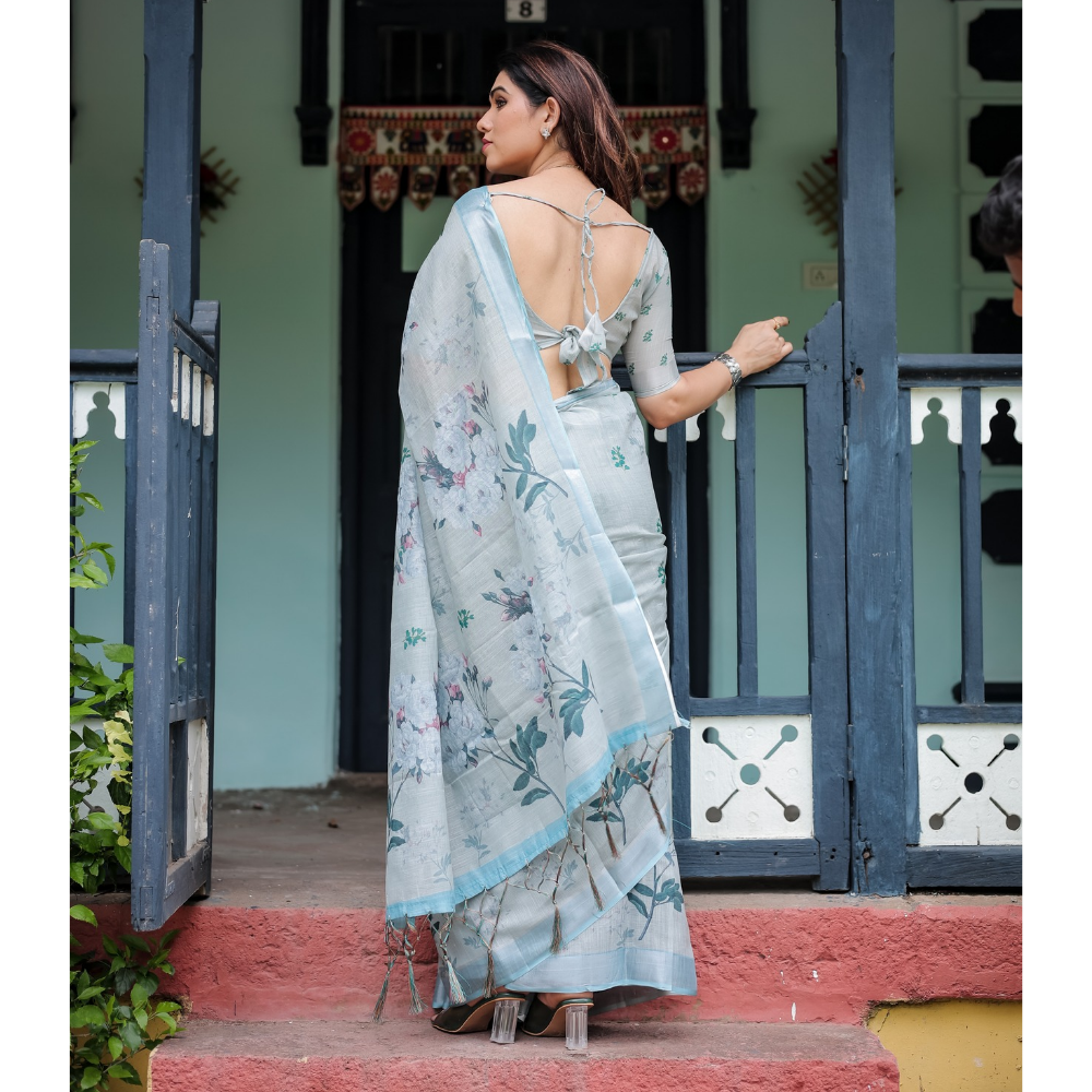 Handloom Linen Floral Printed Saree with Tasssl on Edge & Attached Blouse Pieces (Pack of 1)
