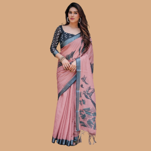 Women's Handloom Linen Floral Printed Saree with Tasssl on Edge & Attached Blouse Pieces (Pack of 1)