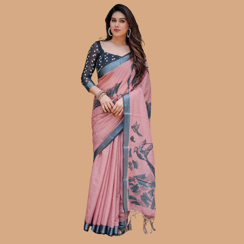 Women's Handloom Linen Floral Printed Saree with Tasssl on Edge & Attached Blouse Pieces (Pack of 1)