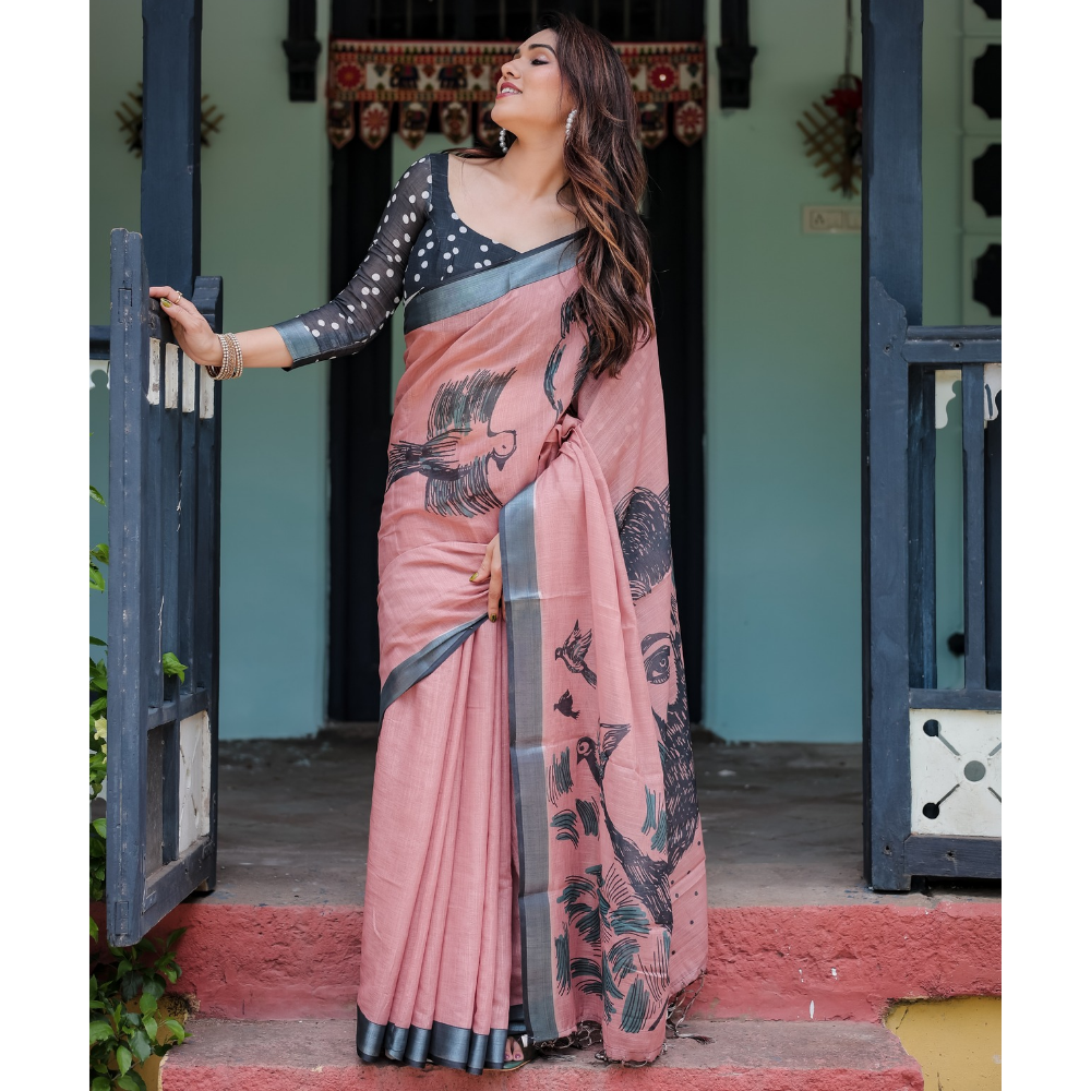 Women's Handloom Linen Floral Printed Saree with Tasssl on Edge & Attached Blouse Pieces (Pack of 1)