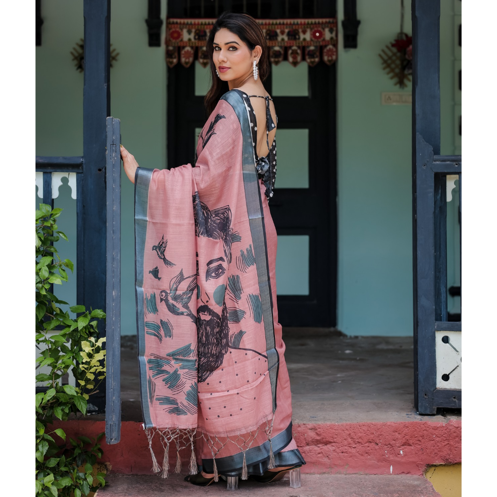 Women's Handloom Linen Floral Printed Saree with Tasssl on Edge & Attached Blouse Pieces (Pack of 1)