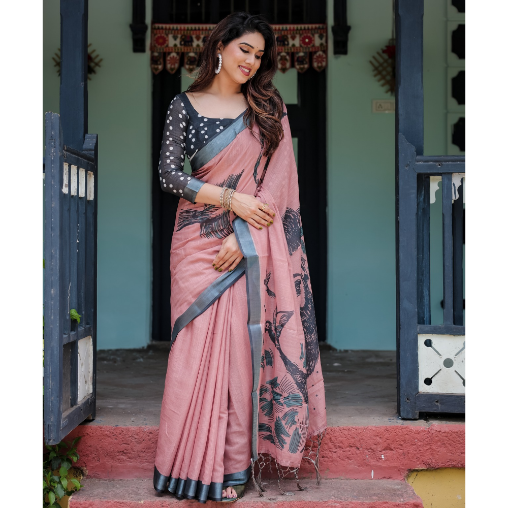 Women's Handloom Linen Floral Printed Saree with Tasssl on Edge & Attached Blouse Pieces (Pack of 1)