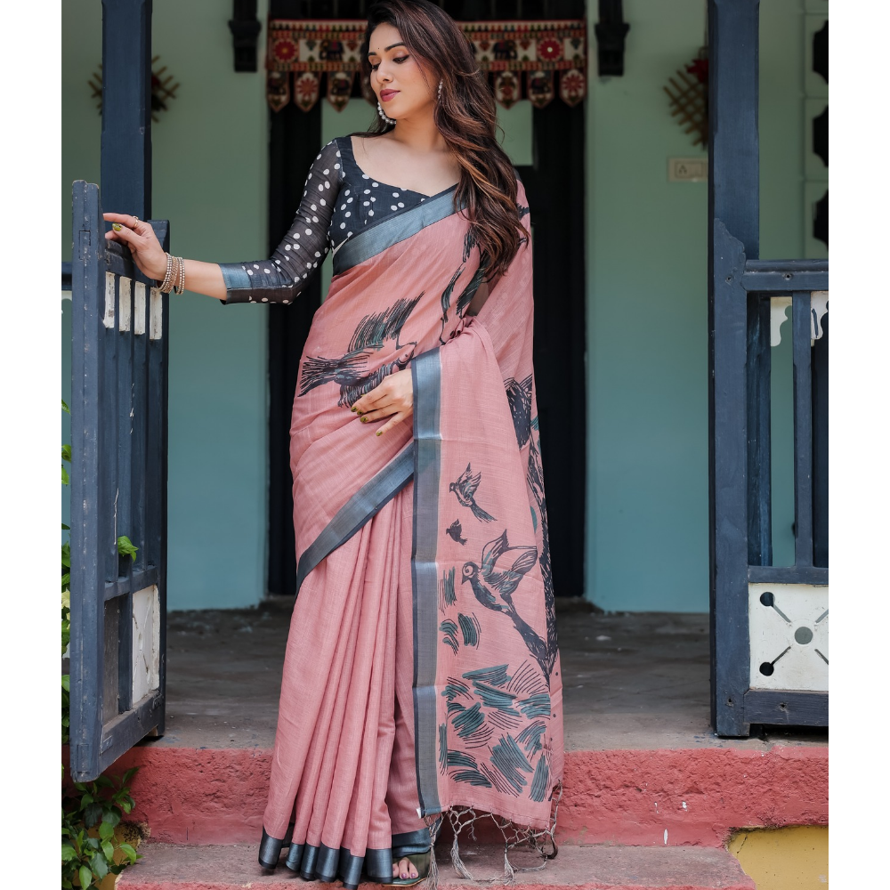 Women's Handloom Linen Floral Printed Saree with Tasssl on Edge & Attached Blouse Pieces (Pack of 1)
