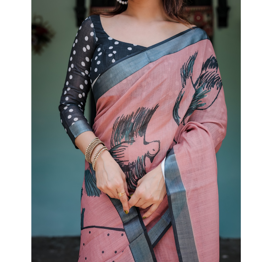 Women's Handloom Linen Floral Printed Saree with Tasssl on Edge & Attached Blouse Pieces (Pack of 1)