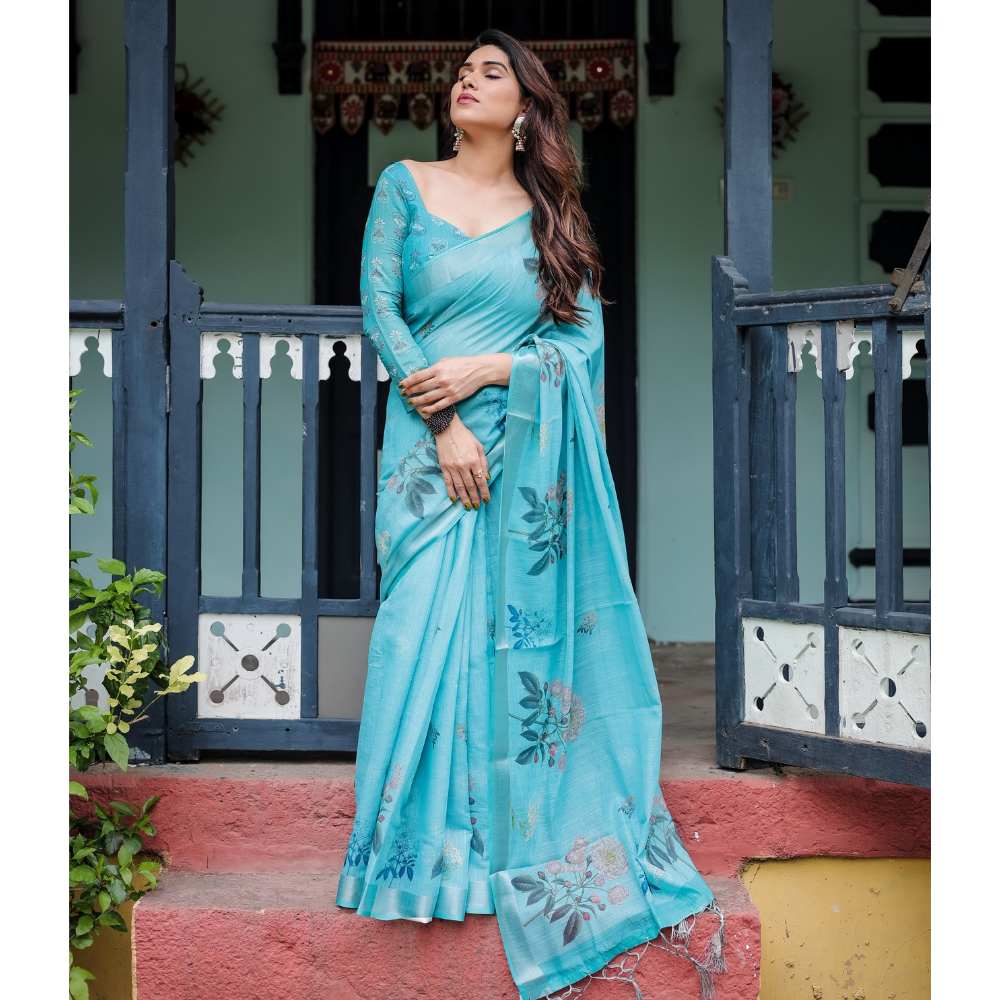 Handloom Linen Floral Printed Saree with Tasssl on Edge & Attached Blouse Pieces (Pack of 1)