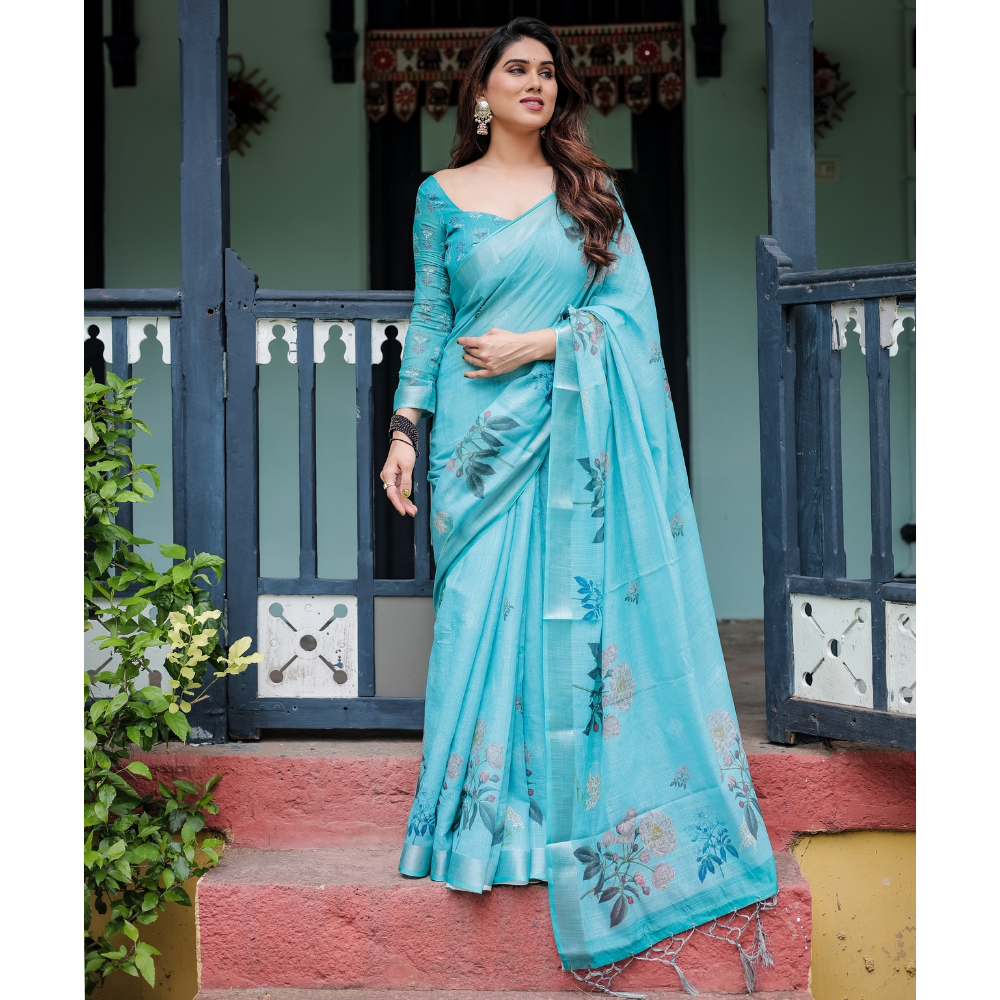 Handloom Linen Floral Printed Saree with Tasssl on Edge & Attached Blouse Pieces (Pack of 1)