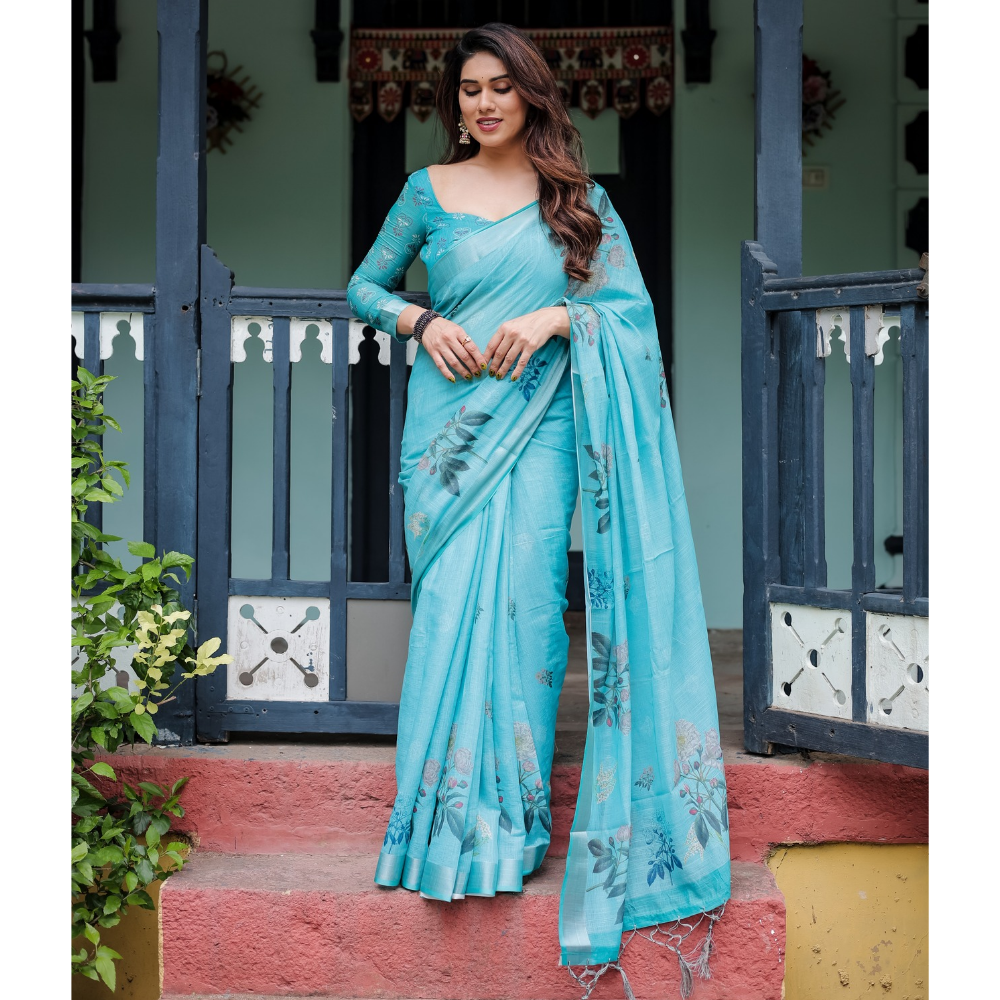 Handloom Linen Floral Printed Saree with Tasssl on Edge & Attached Blouse Pieces (Pack of 1)