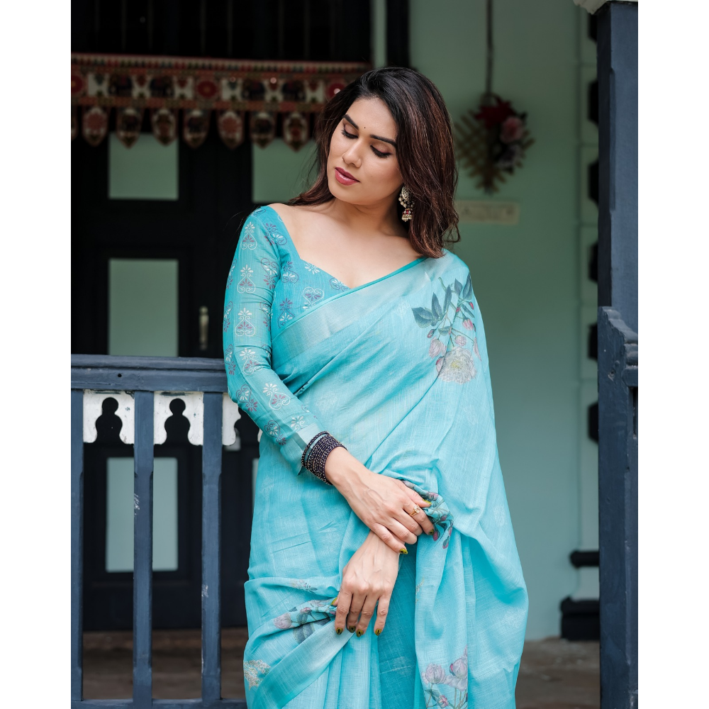 Handloom Linen Floral Printed Saree with Tasssl on Edge & Attached Blouse Pieces (Pack of 1)