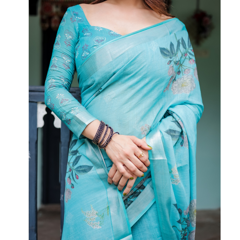 Handloom Linen Floral Printed Saree with Tasssl on Edge & Attached Blouse Pieces (Pack of 1)