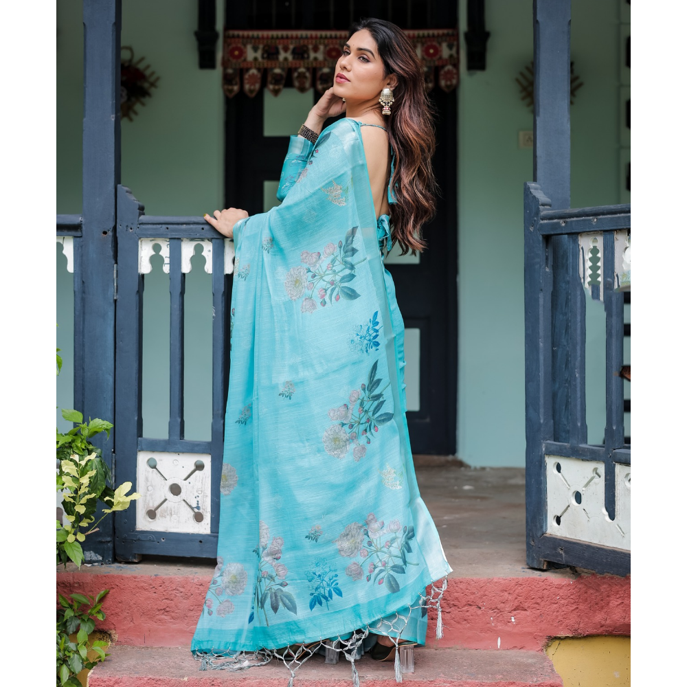 Handloom Linen Floral Printed Saree with Tasssl on Edge & Attached Blouse Pieces (Pack of 1)