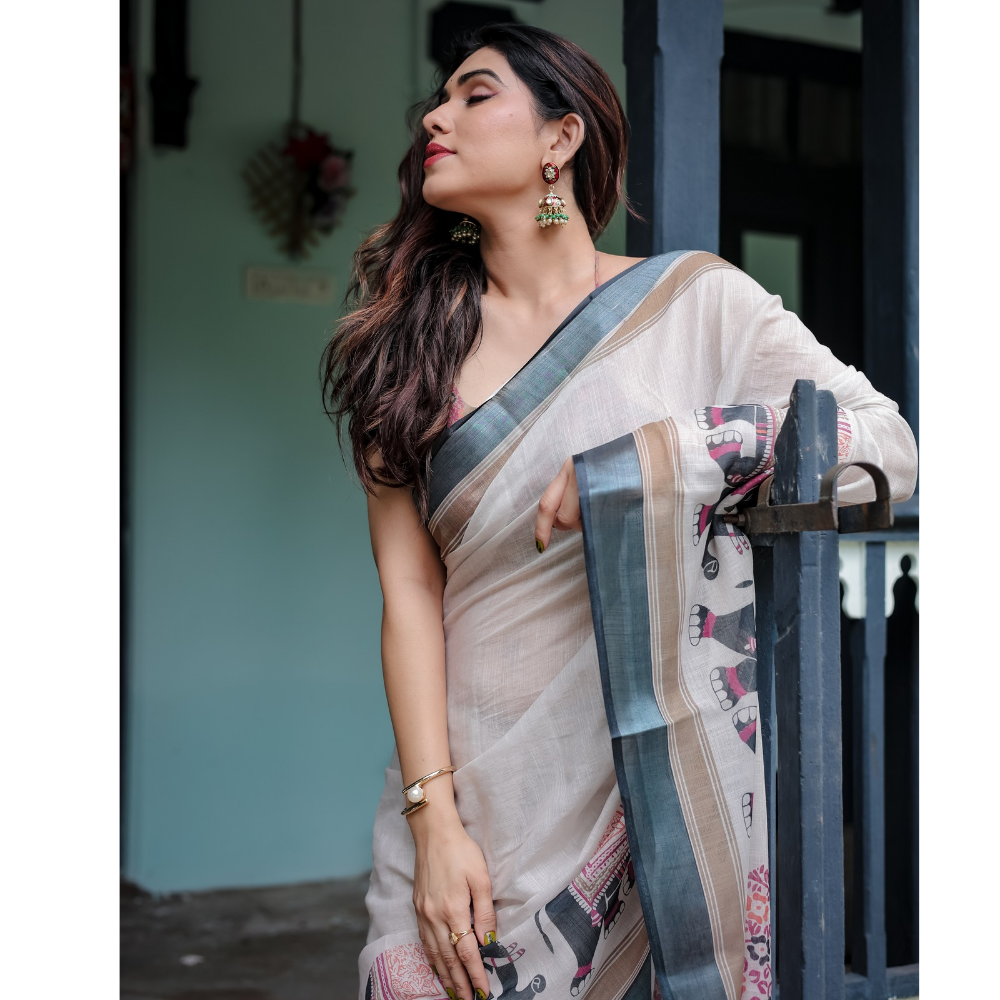 Handloom Linen Floral Printed Saree with Tasssl on Edge & Attached Blouse Pieces (Pack of 1)