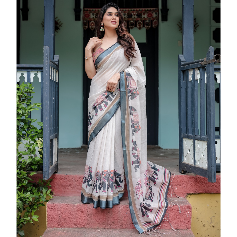 Handloom Linen Floral Printed Saree with Tasssl on Edge & Attached Blouse Pieces (Pack of 1)