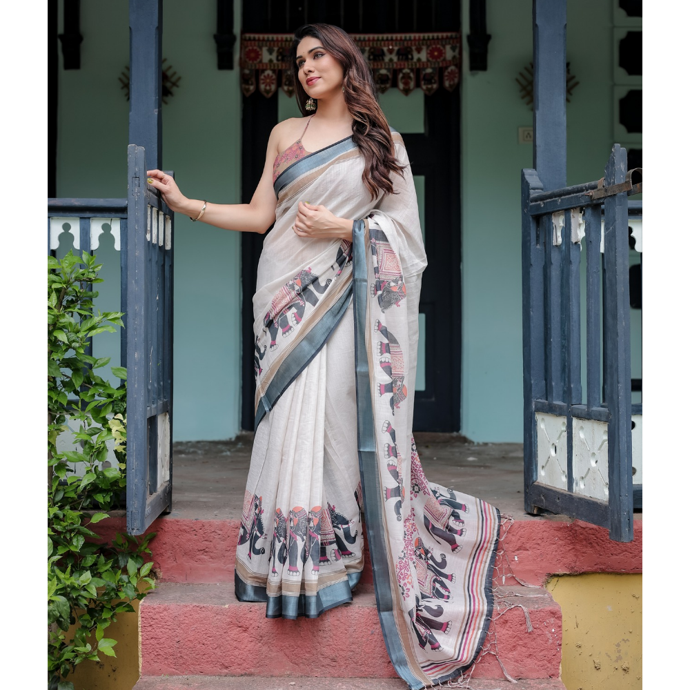 Handloom Linen Floral Printed Saree with Tasssl on Edge & Attached Blouse Pieces (Pack of 1)