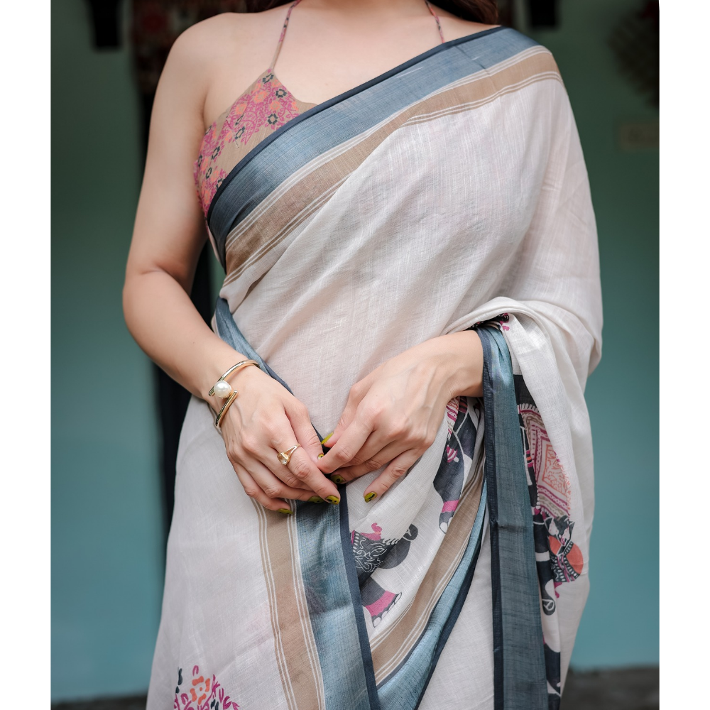 Handloom Linen Floral Printed Saree with Tasssl on Edge & Attached Blouse Pieces (Pack of 1)