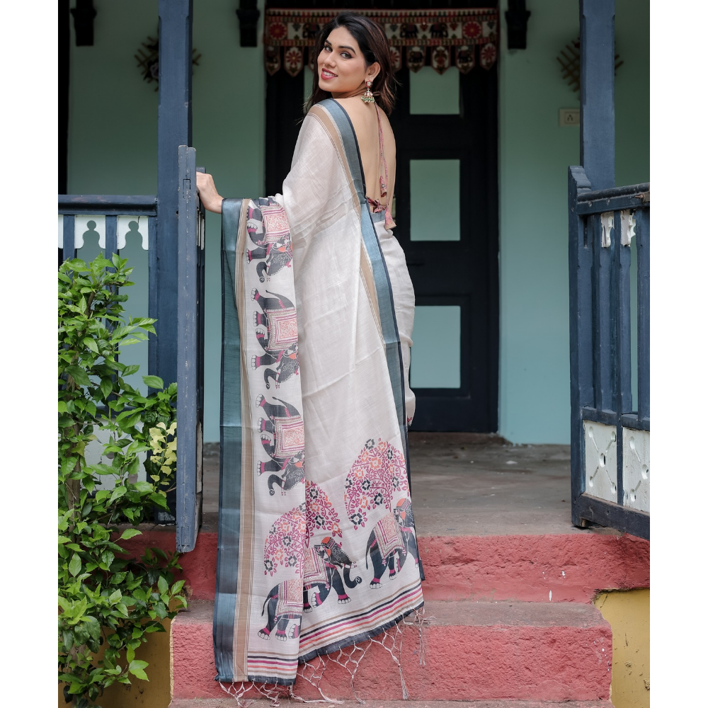 Handloom Linen Floral Printed Saree with Tasssl on Edge & Attached Blouse Pieces (Pack of 1)