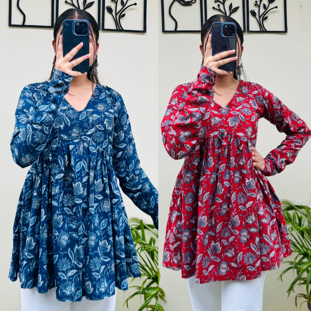 Premium Floral Cotton Peplum Tops Kurta (Combo 2)