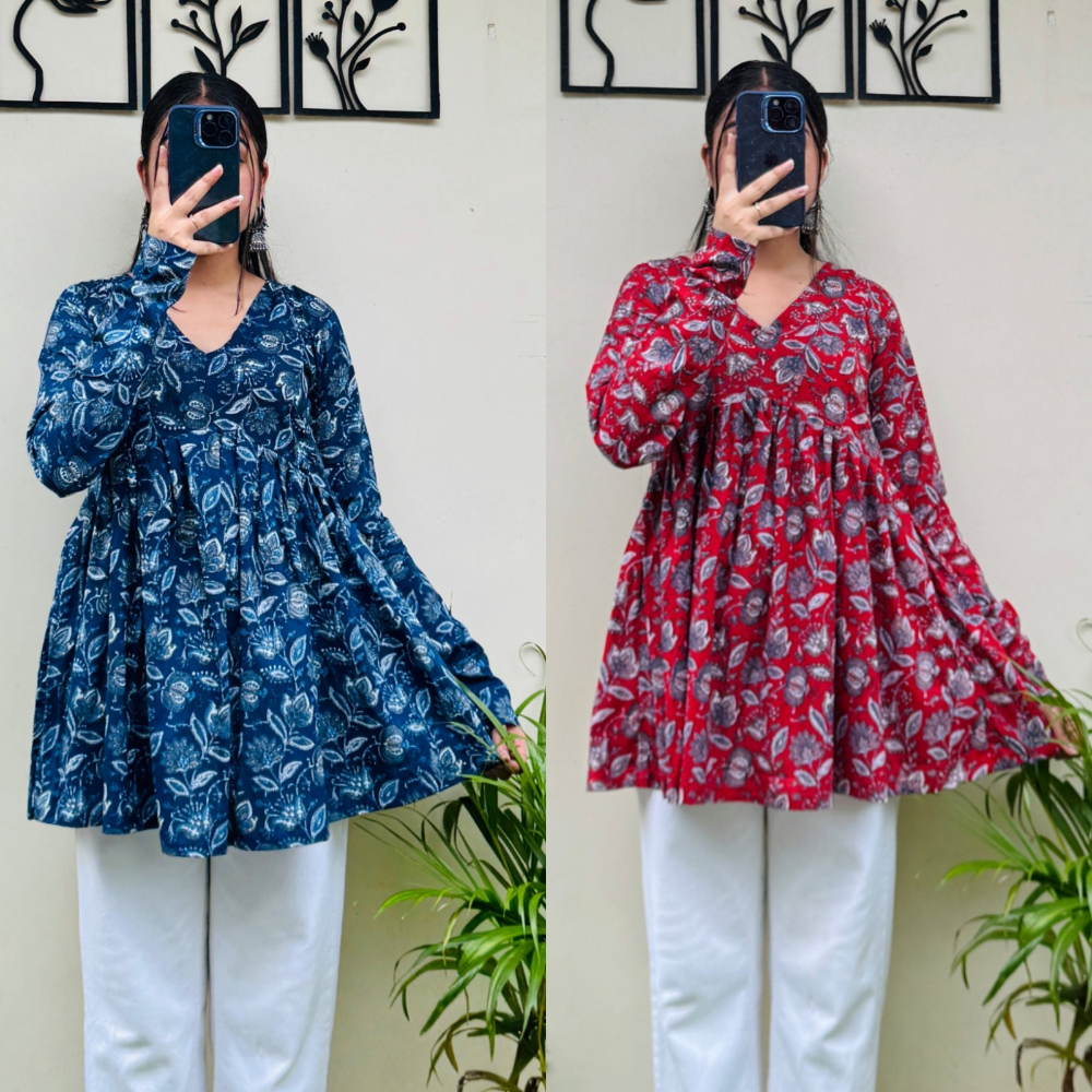 Premium Floral Cotton Peplum Tops Kurta (Combo 2)