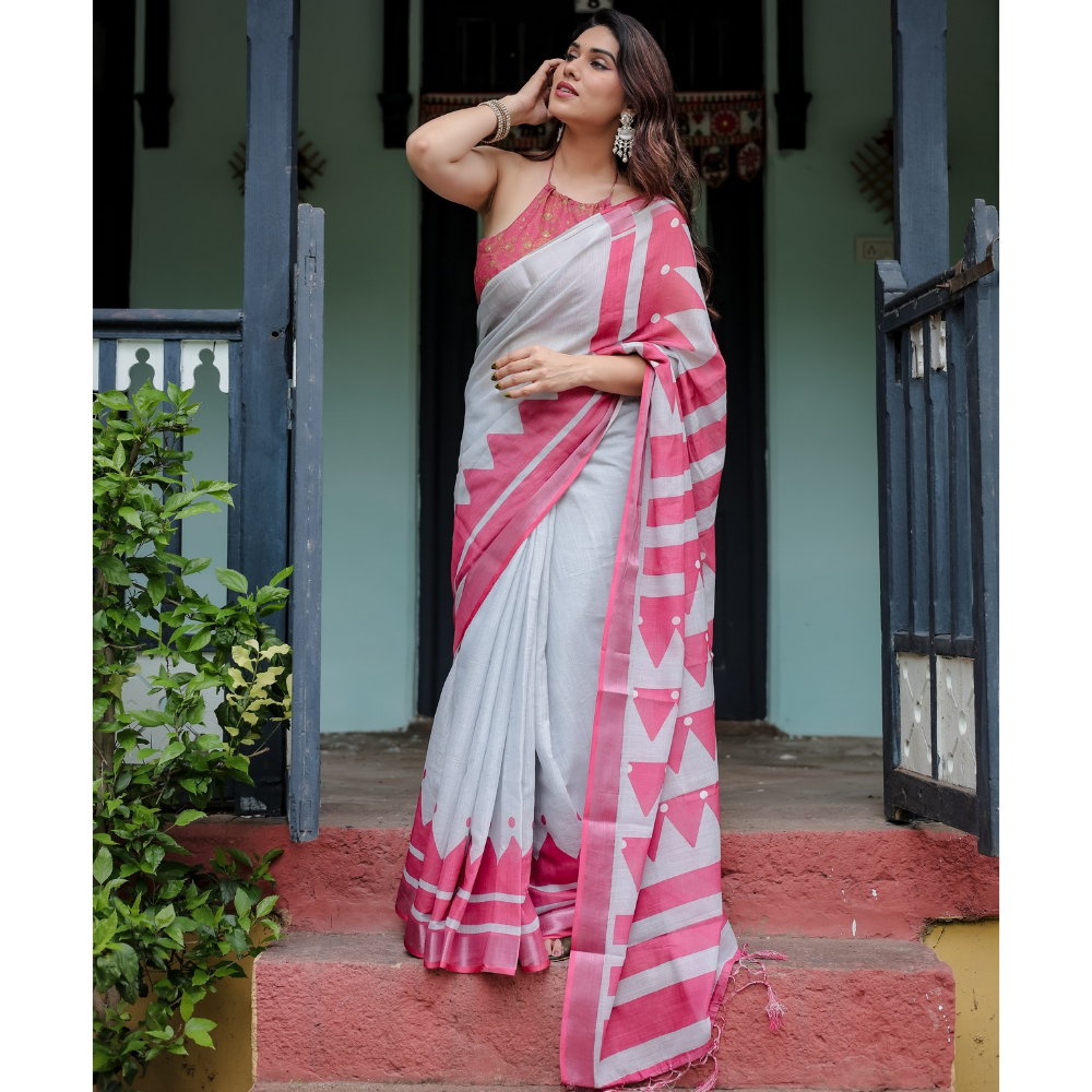 Handloom Linen Floral Printed Saree with Tasssl on Edge & Attached Blouse Pieces (Pack of 1)