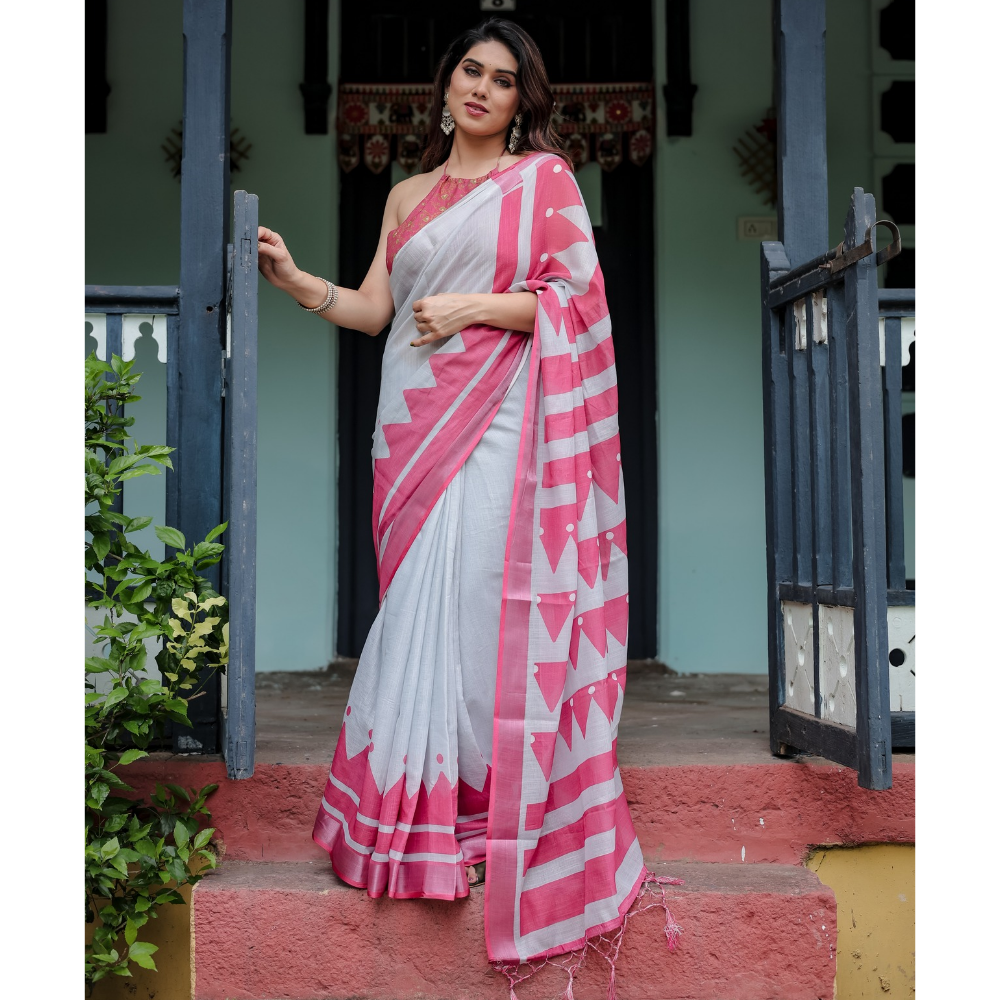 Handloom Linen Floral Printed Saree with Tasssl on Edge & Attached Blouse Pieces (Pack of 1)