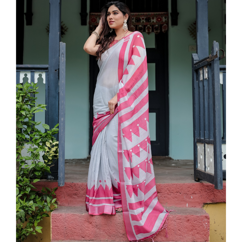 Handloom Linen Floral Printed Saree with Tasssl on Edge & Attached Blouse Pieces (Pack of 1)