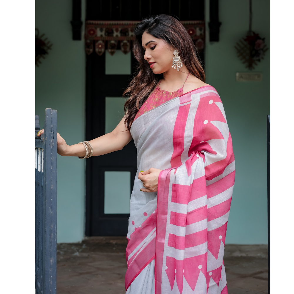 Handloom Linen Floral Printed Saree with Tasssl on Edge & Attached Blouse Pieces (Pack of 1)
