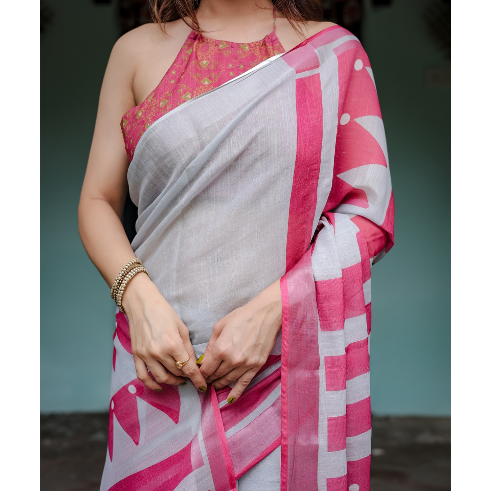 Handloom Linen Floral Printed Saree with Tasssl on Edge & Attached Blouse Pieces (Pack of 1)