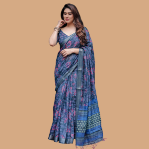 Handloom Linen Floral Printed Saree with Tasssl on Edge & Attached Blouse Pieces (Pack of 1)
