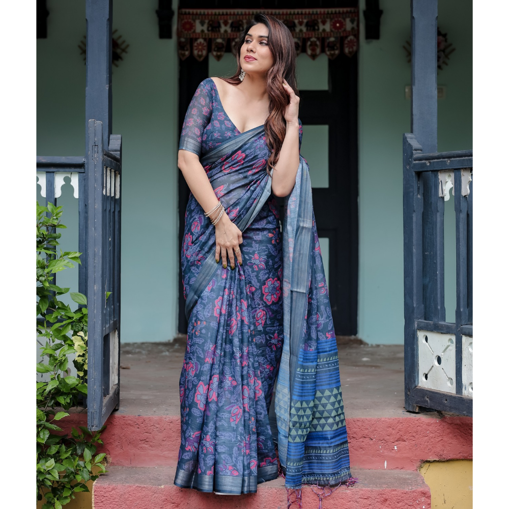 Handloom Linen Floral Printed Saree with Tasssl on Edge & Attached Blouse Pieces (Pack of 1)