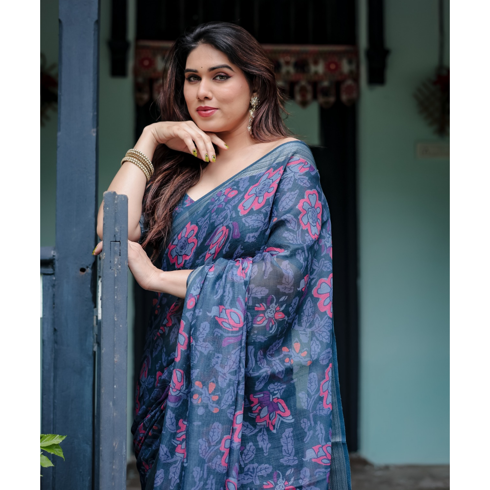 Handloom Linen Floral Printed Saree with Tasssl on Edge & Attached Blouse Pieces (Pack of 1)