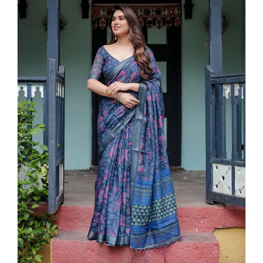 Handloom Linen Floral Printed Saree with Tasssl on Edge & Attached Blouse Pieces (Pack of 1)