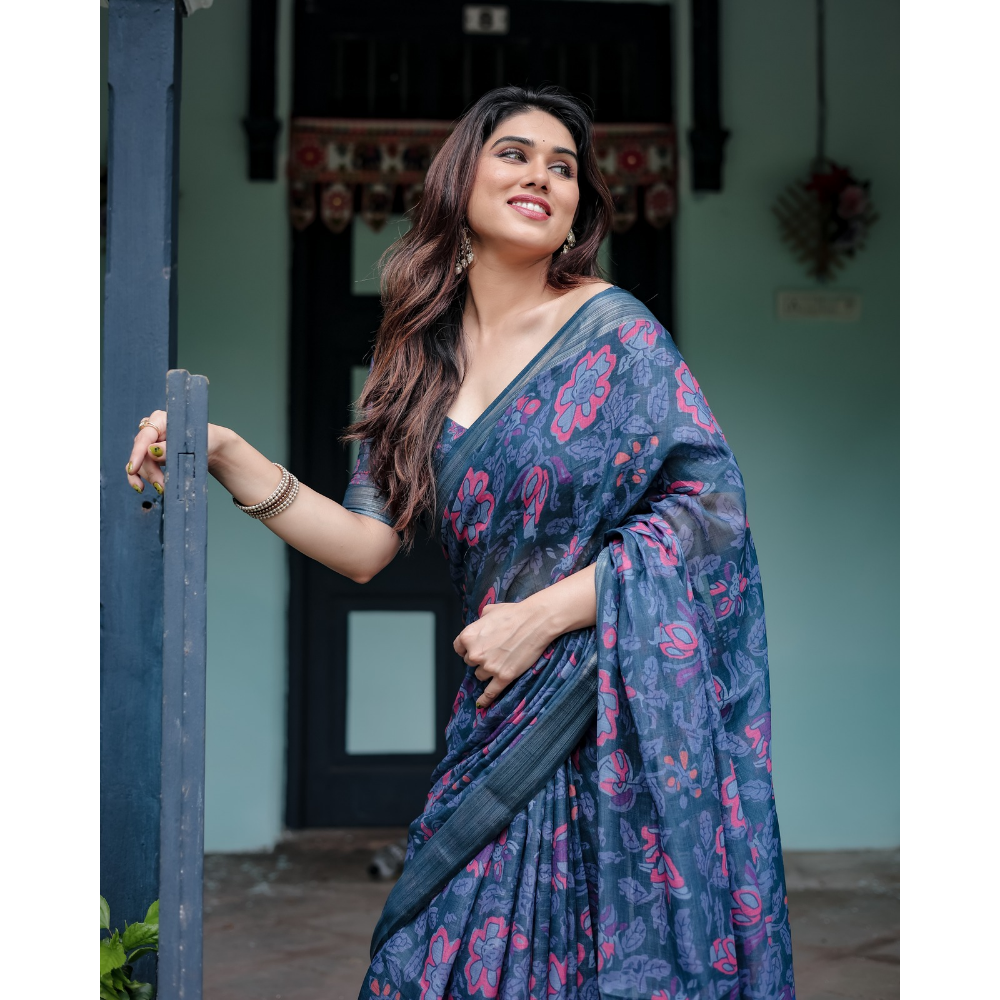 Handloom Linen Floral Printed Saree with Tasssl on Edge & Attached Blouse Pieces (Pack of 1)